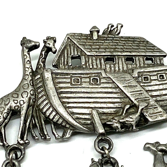 "JJ" Jonette Jewelry Silver Pewter 'NOAH'S ARK ~ Animal Charms' Pin Brooch Vtg - Picture 2 of 11
